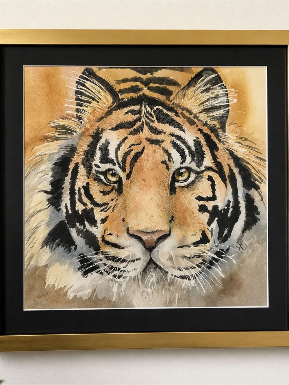 NWOT Framed Tiger Wildlife Art Print Black & Gold Frame 13” x 13” Wall Decor